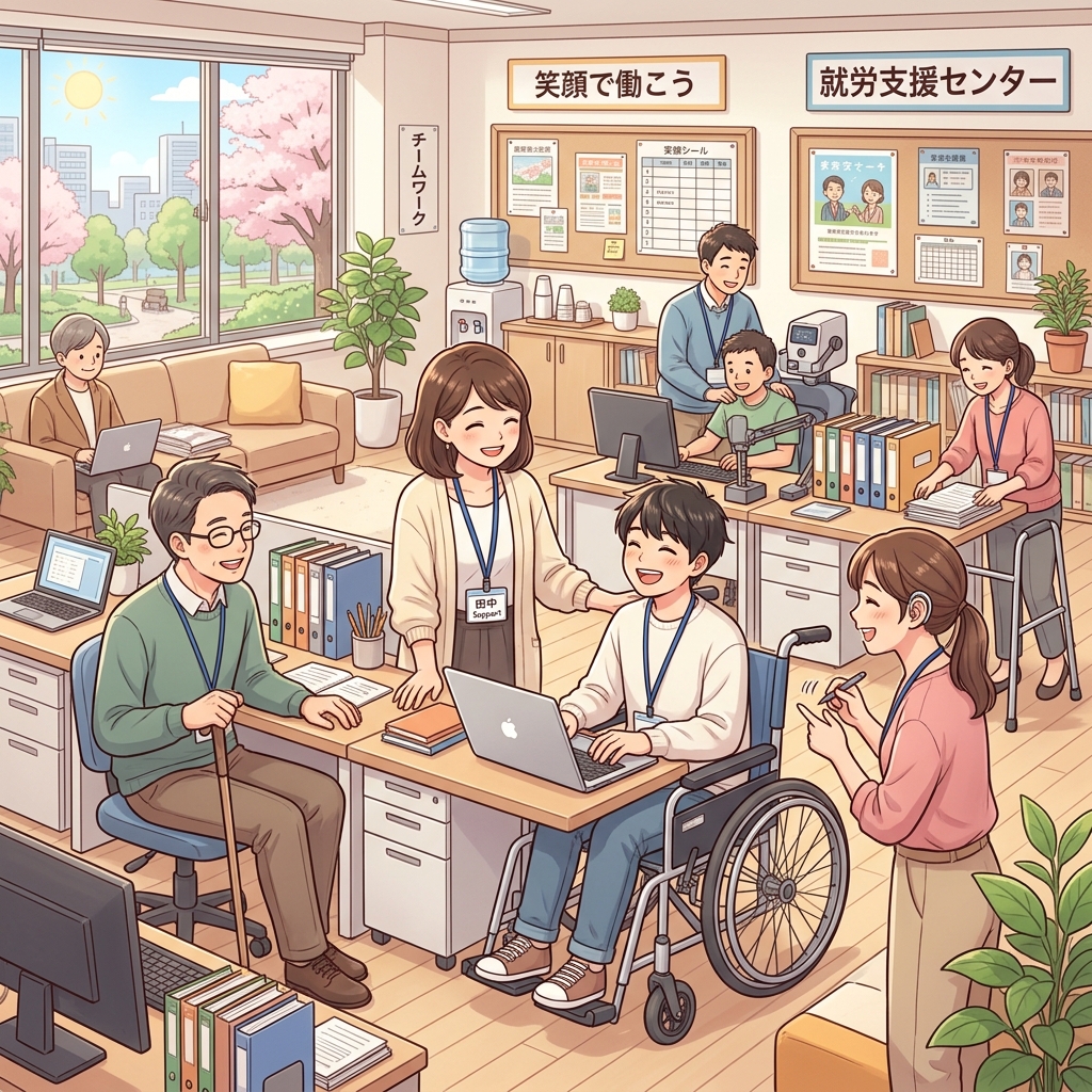 ワークセンターどりーむで働く笑顔の仲間たちのイラスト